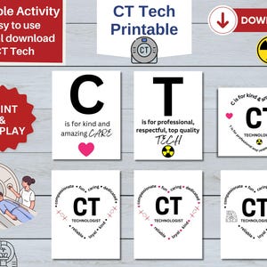 May include: Printable alphabet chart for CT Technologists. The chart features the letters C and T with definitions related to the profession. The chart also includes a CT scan image and a heart with the words "CT Technologist" inside.