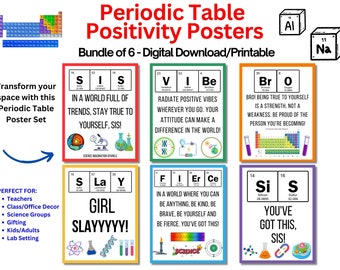 May include: A set of six printable positivity posters featuring colorful periodic table elements with motivational messages. The posters include phrases like "Stay true to yourself, Sis!" and "You've got this, Sis!"