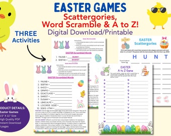 Easter Fun Pack: Word Scramble, A to Z Game, Scattergories, Game Time, Class Activity, Easter Events, Printable, All Ages, Digital Download