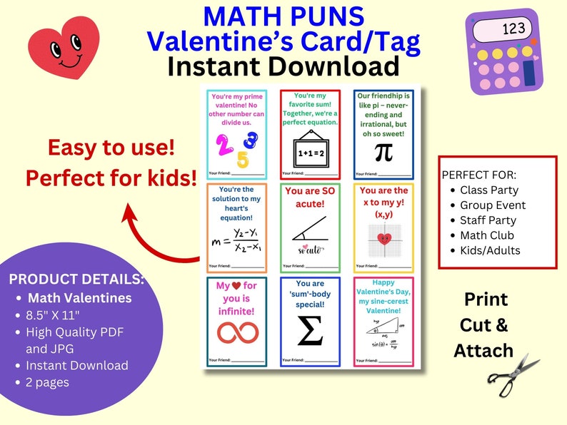 Math Puns: Colorful Valentine's Math Pun Notes, Printable Cards, Digital Download, Valentine's Day Exchange, All Ages, Math Humor, Funny Tag image 4