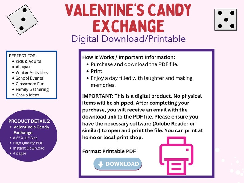 Valentine's Dice Game, Candy Exchange Game, School & Family Activity