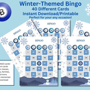 Bingopakket met winterthema, 40 unieke kaarten, klasfeest, familiespel, groeps-/personeels-/werkevenement, leuke activiteit, direct downloaden, digitaal
