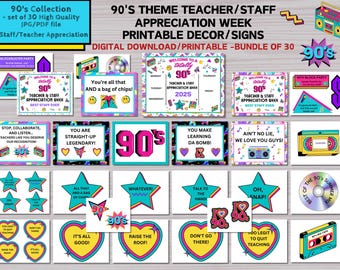 90&#39;s-themed Staff & Teacher Appreciation Week Printable Signs, Bundle of 30, Staff Lounge Decor, Digital Download, School Spirit, PDF/JPG