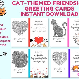Jeu de 4 cartes de voeux d'amitié sur le thème des chats, imprimables en téléchargements numériques instantanés, juste parce que, jeux de mots chat, à personnaliser avec un message écrit