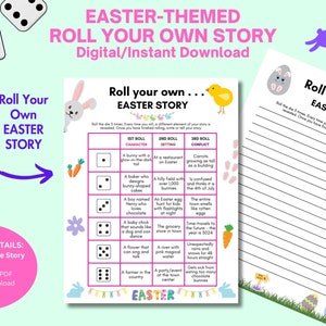 Könnte beinhalten: Ein druckbares Osterspiel für Kinder. Das Spiel heißt "Erfinde deine eigene Ostergeschichte". Das Spiel enthält ein Raster mit drei Spalten: Charakter, Umgebung und Konflikt. Die Spieler würfeln, um zu bestimmen, welches Element der Geschichte verwendet werden soll. Das Spiel enthält auch eine leere Seite zum Schreiben oder Erzählen der Geschichte.