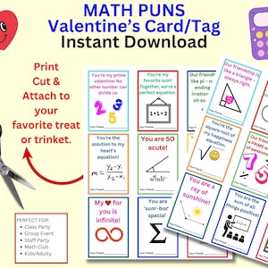 Giochi di parole matematici: appunti colorati per giochi di parole matematici di San Valentino, biglietti stampabili, download digitale, scambio di San Valentino, tutte le età, umorismo matematico, tag divertente