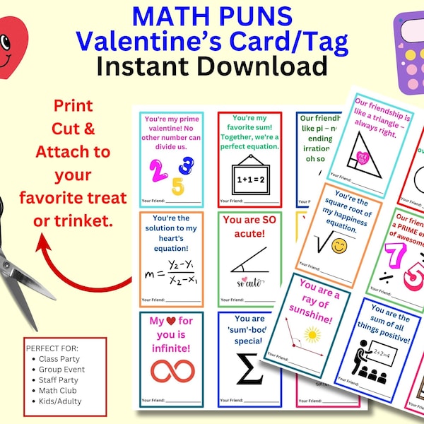 Math Puns: Colorful Valentine's Math Pun Notes, Printable Cards, Digital Download, Valentine's Day Exchange, All Ages, Math Humor, Funny Tag