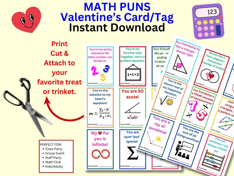 Math Puns: Colorful Valentine's Math Pun Notes, Printable Cards, Digital Download, Valentine's Day Exchange, All Ages, Math Humor, Funny Tag image 1