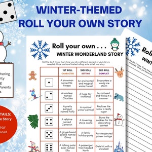 May include: A printable winter-themed game for families and kids. The game includes a dice rolling activity to create a winter wonderland story. The game is 8.5 inches by 11 inches and includes two pages.
