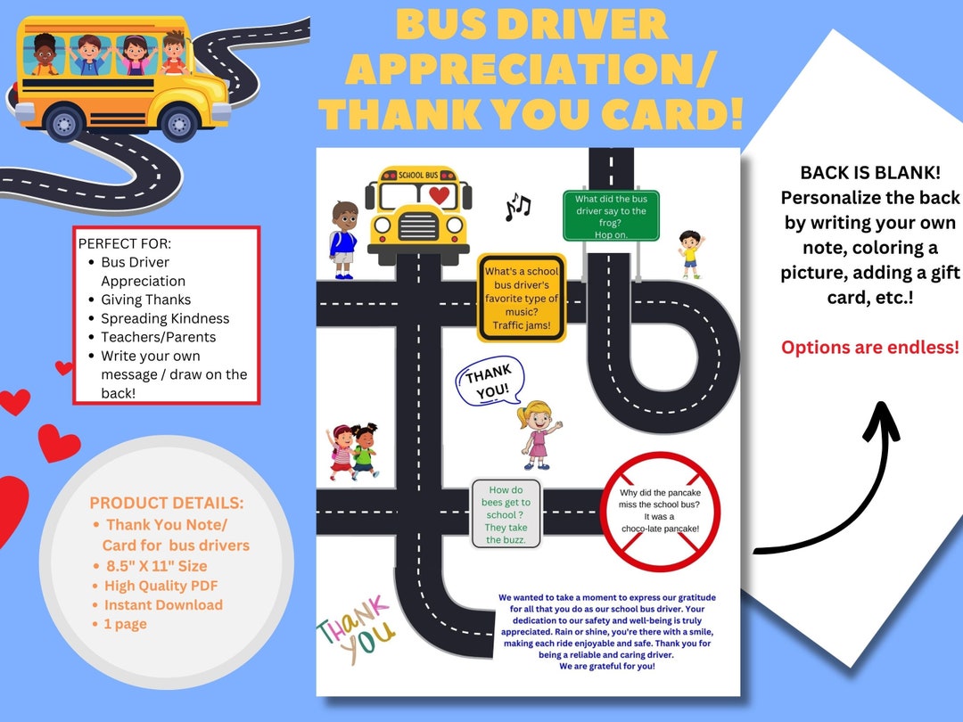 Cute School Bus Driver Appreciation Note/ Thank You Card, Class ...