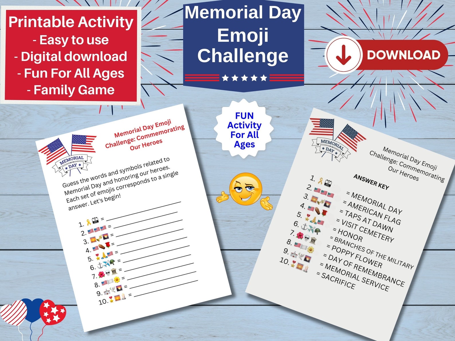 Memorial Day Emoji Challenge, Family Game, Holiday Puzzle, Kid's