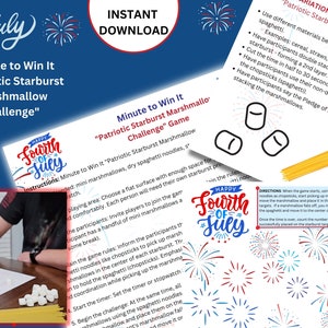 May include: A printable game instruction sheet for a "Minute to Win It" game called "Patriotic Starburst Marshmallow Challenge". The instructions include a list of materials needed, game rules, and directions for playing the game. The sheet also includes a graphic of fireworks and the text "Happy Fourth of July".