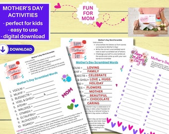 Mother&#39;s Day Activity Bundle, A to Z Game, All about Mom, Mom Word Scramble, Perfect for Kids and Classrooms, Instant Download, Printable