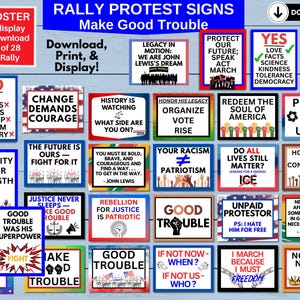 May include: A collection of 28 protest signs with various messages, including "Change Demands Courage," "Protect Our Future," and "Good Trouble." The signs are designed for digital download and display.
