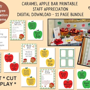 Puede incluir: Descarga digital imprimible para un tema de agradecimiento al personal de bar de manzanas caramelizadas. El paquete de 11 páginas incluye letreros con gráficos y texto de temática otoñal, como "¡Gracias al personal!" y "¡Ustedes son el mejor personal!"