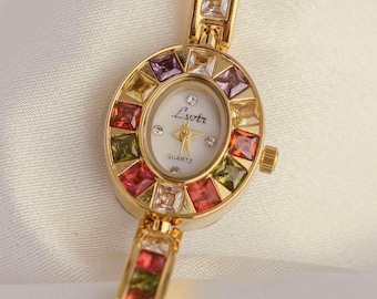 Gold Gemstone Watch Dainty Style Elegant Art Deco Minimalist