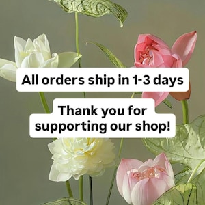 Puede incluir: Arreglo floral con flores de loto blancas y rosas y hojas verdes. La imagen incluye el texto &laquo;Todos los pedidos se env&iacute;an en 1-3 d&iacute;as&raquo; y &laquo;&iexcl;Gracias por apoyar nuestra tienda!&raquo;