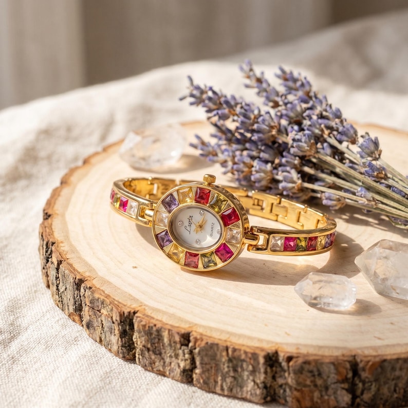 Gold Gemstone Watch Dainty Style Elegant Art Deco Minimalist image 1