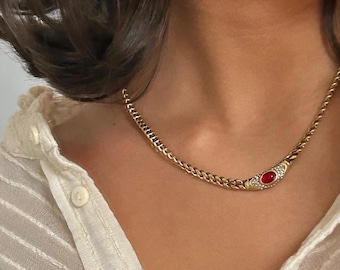 Vintage Necklace Art Deco Vintage Red Gemstone Choker Gold Chain Waterproof Hypoallergenic 14-16 inches