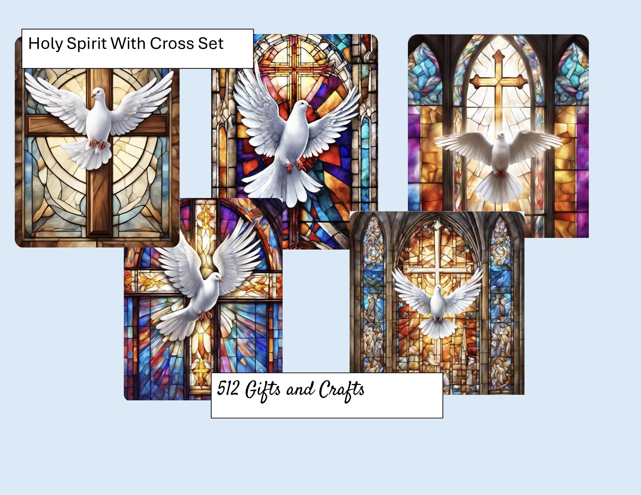 Holy Spirit with Cross Digital Art Bundle – 5 Stained Glass Dove PNGs | Christian Sublimation Prints for Tumblers, Shirts, Wall Art