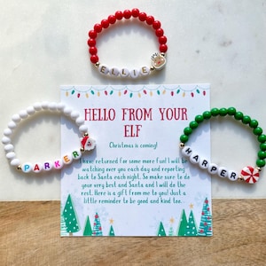 Pulsera con nombre de elfo "He vuelto", regalo de elfo de bienvenida para niños, elfo primero, elfo de Navidad, elfo de bienvenida, llegada del elfo, carta del elfo, accesorios de elfo