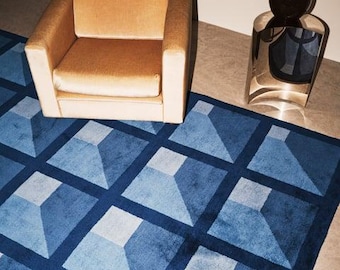 Nordic Style blue hand Tufted Wool Rug, 3D Geometric Plush Carpet, Custom Size (8x10)