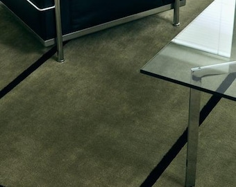 Nordic Style Wool Rug, Minimalist olive green with black Plush pile Area Carpet, Custom Size 10x14, 11x15, 12x15