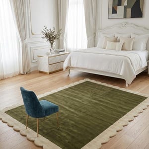 Dywan wełniany w kształcie muszli w kolorze oliwkowym, ręcznie tkany, pluszowy dywan w stylu nordyckim, mata podłogowa do salonu