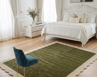 Scallop shape Olive colour Hand-Tufted Wool Rug, Plush Nordic Style Area Carpet, Living Room Floor Mat