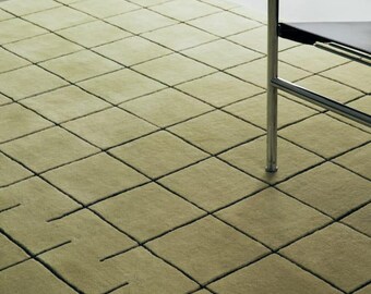 Minimalist Green Grid Rug, Mid Century Modern Geometric Tufted Carpet, Aesthetic Sage Wool Floor Rug, Bauhaus Living Room Decor