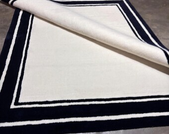 Navy blue border with white Hand tufted wool rugs for living room, bedroom, large area rugs 8x10 9x12