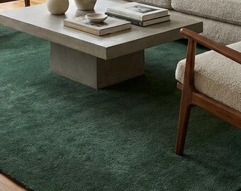 DarkForest Green Plush Wool Hand-Tufted Rug, Nordic Style Living Room Area Rug