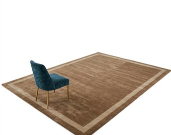 Beige borders with brown Hand-Tufted Wool Rug, Plush Nordic Style Area Carpet, Living Room Floor Mat