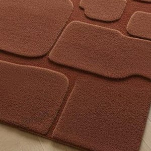 May include: A textured, rust-colored rug with a unique design. The rug features several raised, irregularly shaped sections, creating a three-dimensional effect. The overall aesthetic is modern and minimalist, suitable for various interior styles.