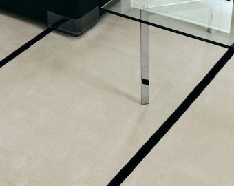 Nordic Style Wool Rug, Minimalist ivory with black Plush pile Area Carpet, Custom Size 10x14, 11x15, 12x15
