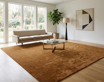 Light brown minimalist Hand-Tufted Wool Rug, Plush Nordic Style Area Carpet, Living Room Floor Mat