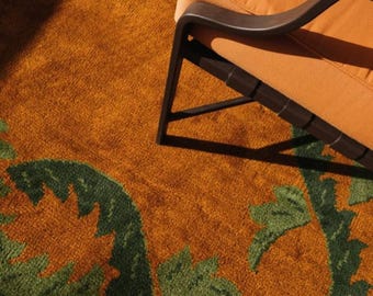 Nordic Style leaf borders Hand Tufted Wool Rug, orange Plush Area Rug, Maximalist Electic Living Room Bedroom, Custom Size 8x10 Carpet