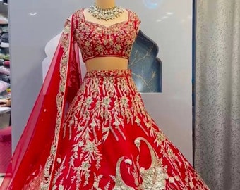 Indiase bruids rode geborduurde Lehenga set volledig gestikt, ontwerper rode Lehenga Choli jurken maatwerk beschikbaar, bruidskleding jurken