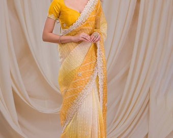 Beau sari en georgette de couleur jaune avec bordure cousue au travail, sari de mariage indien, sari pour vêtements de loisirs