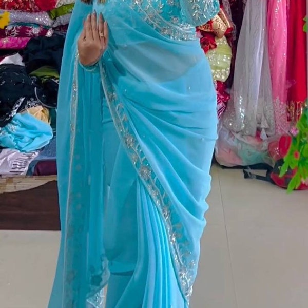 Pure Georgette With Embroidery Sequence Work Saree Bollywood Saree Designer Saree Party Wear Saree,sari,blue sari,tradissional,indian,usa