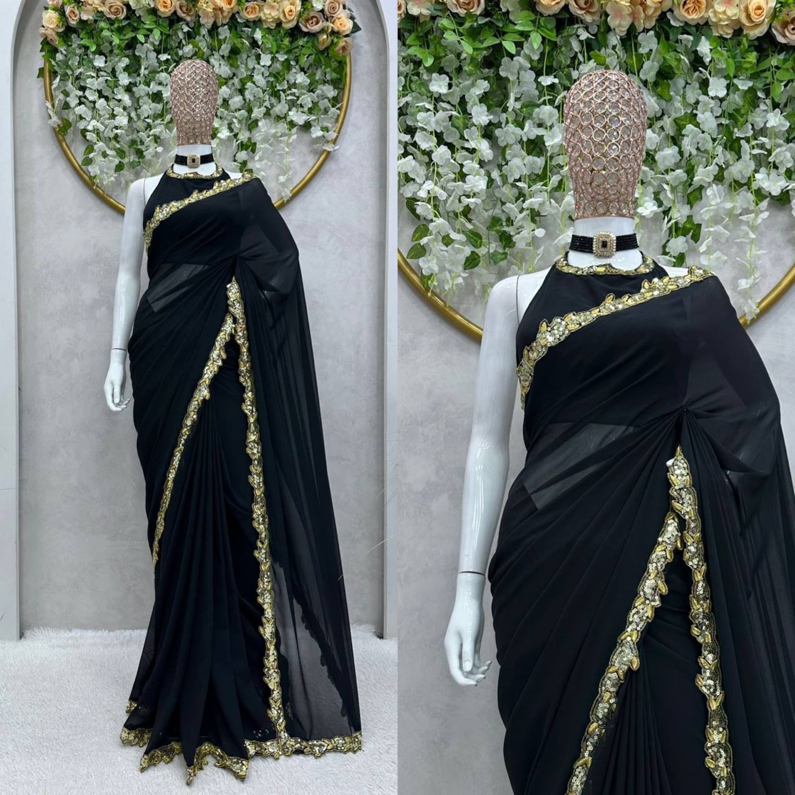 Black Indian Wedding Saree for Women, Saree With Stitched Blouse ...