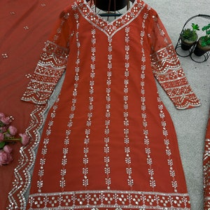 Real Georgette 3-Piece Embroidered Ethnic Set with Front and Back Detailing – Free Size Stitched for Women