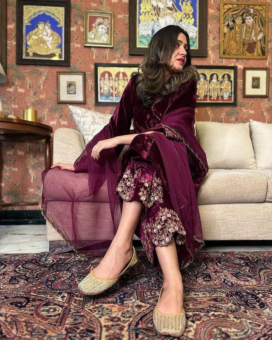Pakistani Zari Embroidered Purple Velvet Kurta Palazzo Set With Velvet ...