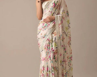 Saree fait main Saree floral en georgette blanche Saree imprimé avec bordure en dentelle brodée Saree pour femme