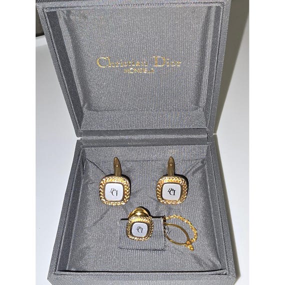 Christian Dior Monsieur Cufflinks Tie Clip Set Gold Tone  display picture 1