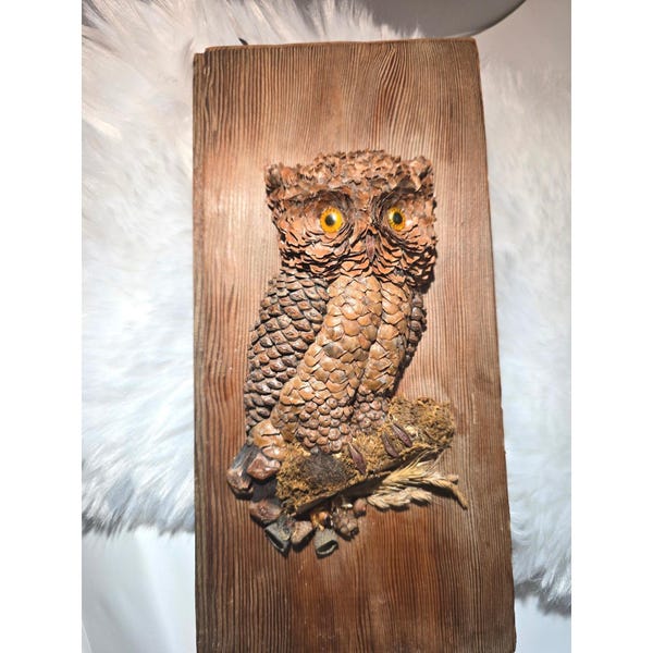 Vintage 1970s Handmade Pine Cone Owl Wood Plaque Rustic MCM Folk Art Wall Decor