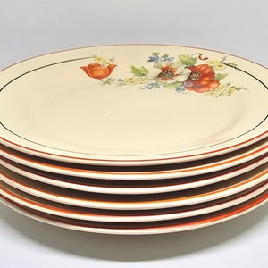 May include: A stack of six cream-colored plates with a floral design. Each plate features a black rim, a thin orange band, and a floral pattern with red, white, and blue flowers.