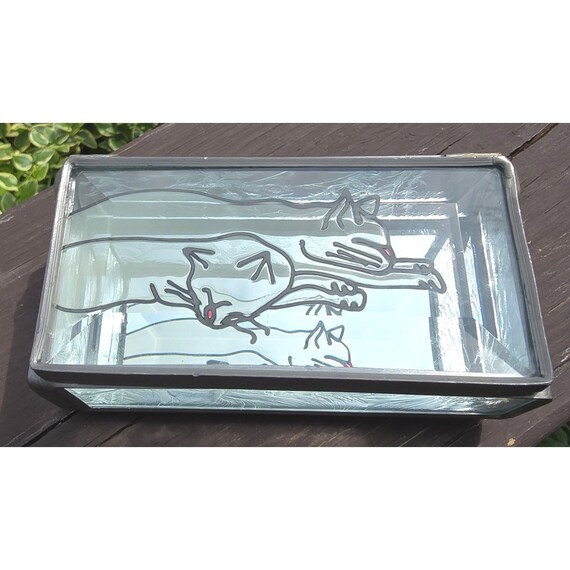 Vintage Stained Glass & Mirrored Sleeping Cats Hinged Trinket Jewelry Box