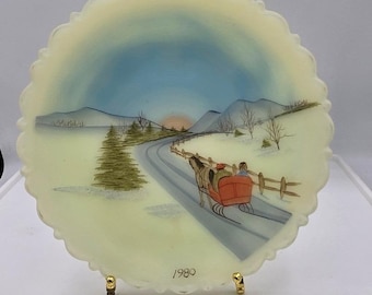 Fenton Glass 1980 Horse Drawn Sleigh Hand Painted Custard Satin 8" Plate