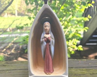 Vintage Ceramic Virgin Mary Grotto Holy Water Font Planter Cross Top